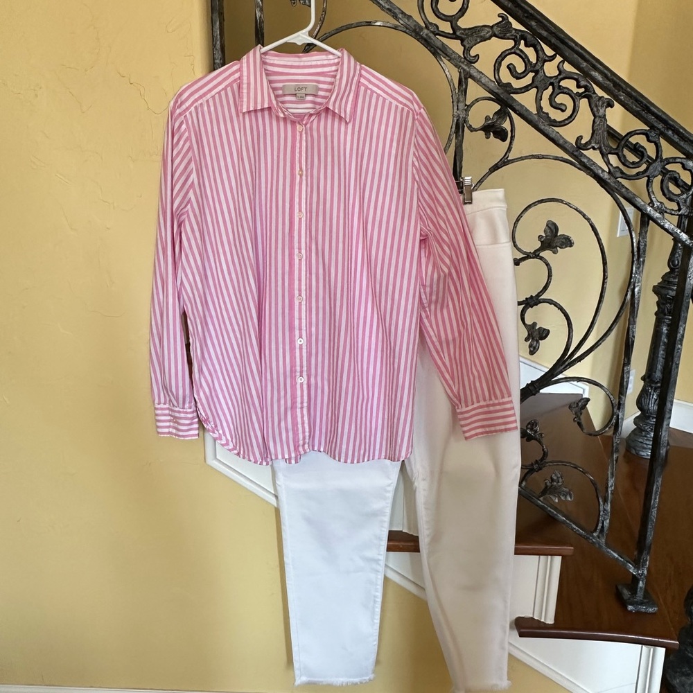 LOFT Pink and White Stripe Everyday Shirt- perfect for Spring!